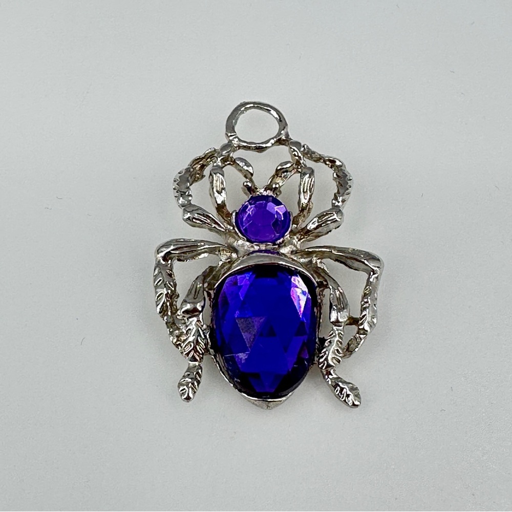 Spider Pendant Purple Jeweled Head Body Silver Tone Halloween Arachnid Gothic